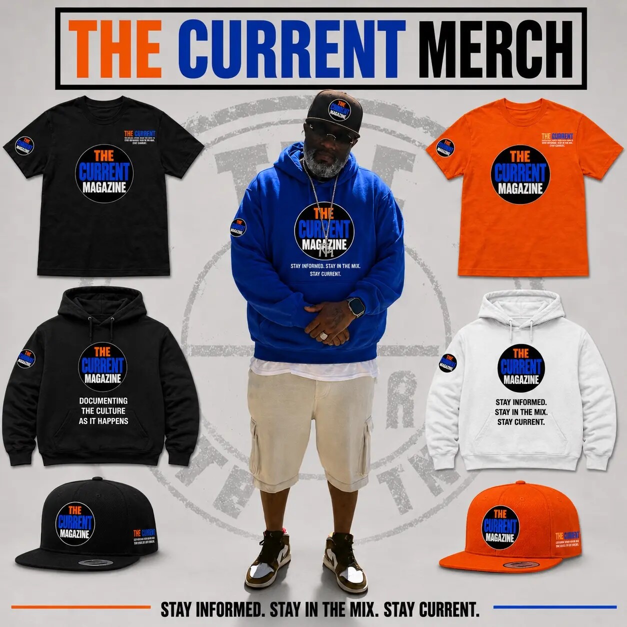 THE CURRENT Magazine merchandise collection featuring shirts, hoodies and hats